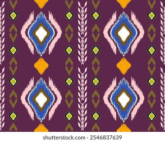 Patrón geométrico vibrante con diamantes coloridos y Formas sobre fondo púrpura rico, creando diseño animado y artístico.