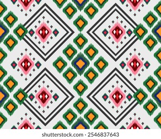 Vibrant geometric pattern featuring colorful diamonds and shapes in red, green, and yellow. This design adds lively touch to any textile or wallpaper.