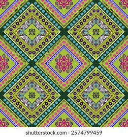 A Vibrant geometric pattern featuring colorful diamonds and floral motifs, ideal for textiles or wallpaper. design showcases intricate details and lively color palette