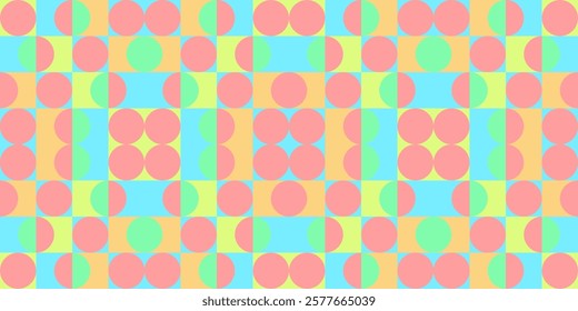 Vibrant geometric pattern featuring colorful circles and semi-circles in a grid layout. Uses pastel shades of pink, green, yellow, and blue, creating a visually appealing and symmetrical composition