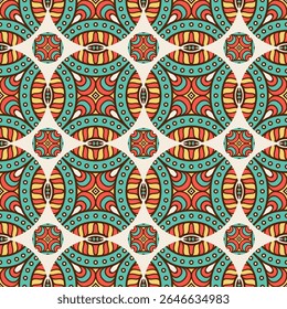 Um padrão geométrico vibrante com desenhos circulares coloridos e detalhes intrincados, adequado para têxteis ou papéis de parede.
