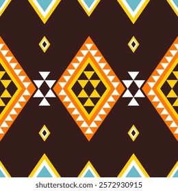 A vibrant geometric pattern featuring diamond shapes and triangular motifs in orange, yellow, white, and teal on a dark brown background, inspired by tribal and ethnic designs.
