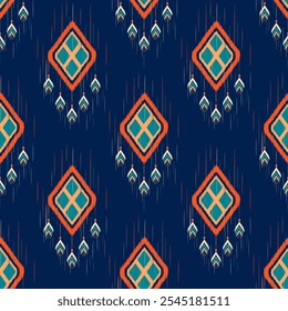 vibrant geometric pattern featuring diamonds and arrows in orange and teal on dark blue background, perfect for textiles or wallpapers.