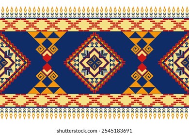 Vibrant geometric pattern featuring diamonds and triangles in blue, yellow, and red. This design showcases intricate shapes and cultural motifs, perfect for textiles or backgrounds.