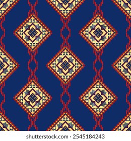 Vibrant geometric pattern featuring diamonds in red, yellow, and navy blue. This intricate design showcases blend of shapes and colors, perfect for textiles or wallpapers