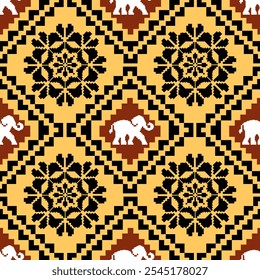 vibrant geometric pattern featuring elephants and floral motifs in black, yellow, and brown tones, creating striking visual appeal