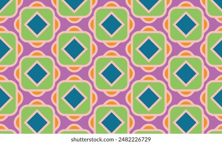 A vibrant geometric pattern featuring green squares with blue diamond centers, accented by orange and pink, set against a purple background. Perfect for adding a pop of color to any design project