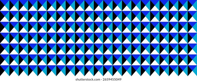 Padrão geométrico vibrante com triângulos interligados em tons de azul, preto e branco.