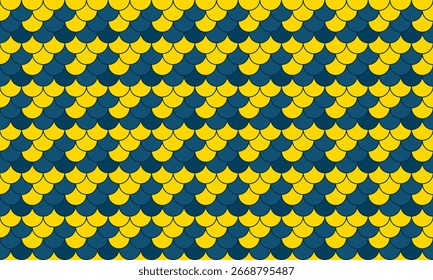 Vibrant geometric pattern featuring interlocking scales in sunny yellow and deep teal.  Perfect for backgrounds, textile designs, or adding a touch of playful sophistication to any project.