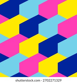 Um padrão geométrico vibrante com hexágonos interligados em azul, amarelo, rosa e ciano. Ideal para projetos modernos, fundos, impressões e projetos digitais criativos.