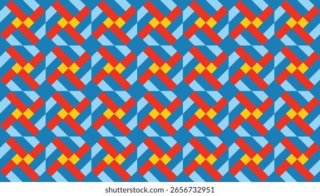 Padrão geométrico vibrante com linhas diagonais e formas quadradas de interseção em cores primárias — vermelho, amarelo e vários tons de azul — formando um design ousado e moderno sem emenda