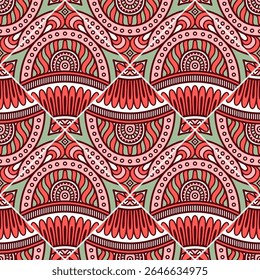 A vibrant geometric pattern featuring intricate designs in shades of red, green, and beige, suitable for textiles or wallpapers.