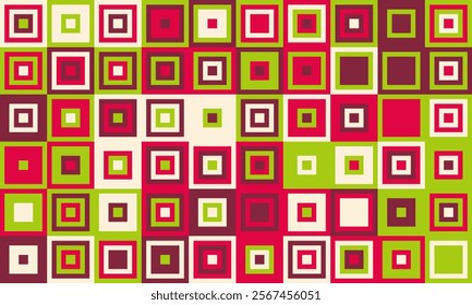 Vibrant geometric pattern featuring nested squares in red, green, and maroon.  Ideal for backgrounds, textiles, or modern design projects.  A bold, visually striking image with a retro feel.