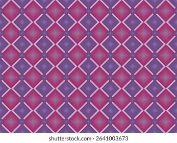 A vibrant geometric pattern featuring overlapping squares and diamonds in shades of purple, pink, and red, creating a symmetrical, textured design.