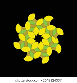 A vibrant geometric pattern featuring overlapping yellow and green petals arranged in a circular design against a black background.