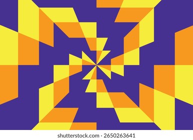 A vibrant geometric pattern featuring overlapping orange and yellow shapes on a purple background.