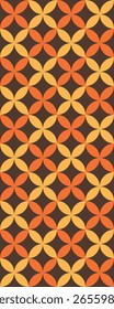 A vibrant geometric pattern featuring overlapping shapes in warm colors of orange and yellow against a dark background.