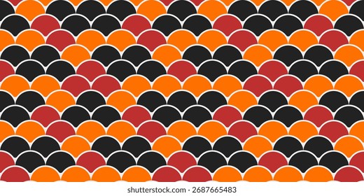 Vibrant geometric pattern featuring overlapping semicircles in black, orange, and red.  Ideal for textile design, website backgrounds, or modern branding.