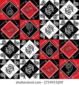 A vibrant geometric pattern featuring paisley motifs in red, black, and white, creating a stylish and eye-catching design.
