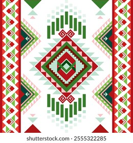 A Vibrant geometric pattern featuring red, green, and black colors with intricate designs. Perfect for textiles or wallpapers