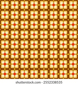 vibrant, geometric pattern featuring repeating squares and circles in warm tones of brown, orange, and yellow, creating a retro-inspired design.