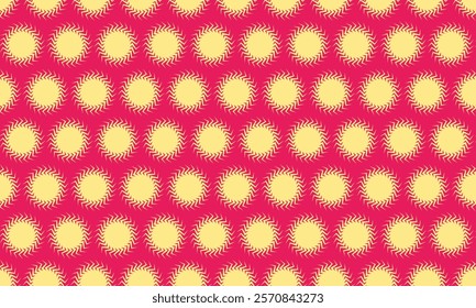 Vibrant geometric pattern featuring repeating circular motifs in contrasting pink and yellow.