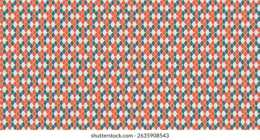 Padrão geométrico vibrante com um design de diamante repetido em coral, azul-petróleo e branco. Ideal para impressões têxteis, fundos de site ou design de embalagem.