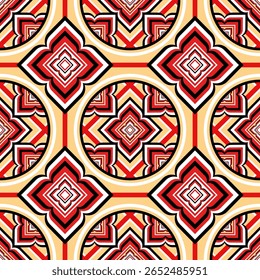 A vibrant geometric pattern featuring repeating floral motifs enclosed within circles rendered in a striking palette of red black white and tan