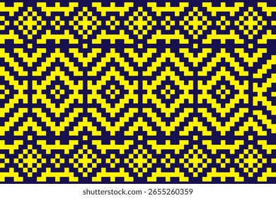 A vibrant geometric pattern featuring repeating diamond and zigzag motifs in bright yellow against a dark blue background