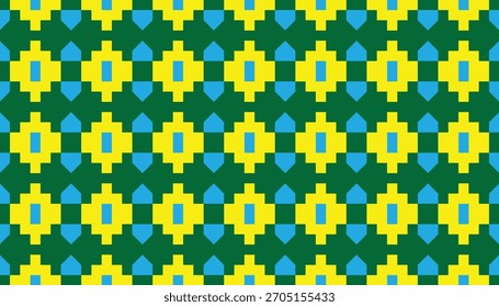 A vibrant geometric pattern featuring repeating pixel-style diamond motifs in bright yellow, cyan blue, and deep green. The bold contrast and structured grid design give it a playful yet modern visual