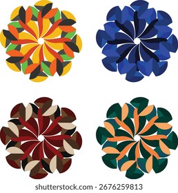 A vibrant geometric pattern featuring rotating petal shapes in yellow, blue, red, and green hues, ideal for branding, creative projects, and decorative applications.