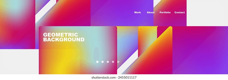 A vibrant geometric pattern featuring squares and triangles in shades of purple, violet, pink, and electric blue on a white background