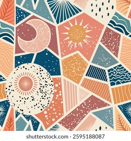 Vibrant geometric pattern featuring sun and moon motifs in playful colors and shapes