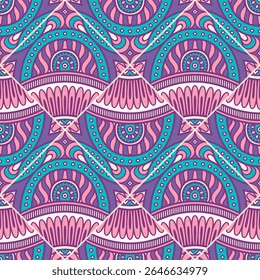 A vibrant geometric pattern featuring swirling shapes and intricate designs in shades of pink, purple, and teal.