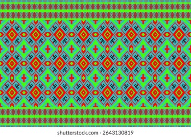 A vibrant geometric pattern featuring symmetrical diamond shapes and cross motifs in bold red, blue, green, and yellow. This abstract ethnic-inspired design evokes traditional textile art, perfect 