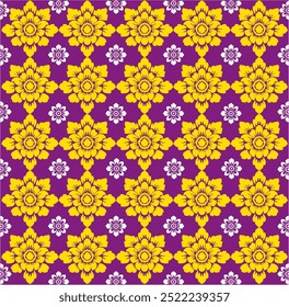 A vibrant geometric pattern featuring yellow floral designs on a rich purple background, creating a striking visual contrast..eps