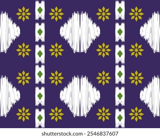 Vibrant geometric pattern featuring yellow flowers and green diamonds on deep purple background, creating lively and artistic design.