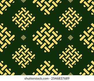vibrant geometric pattern featuring yellow woven shapes on dark green background, creating striking visual effect. Ideal for textiles or wallpapers.