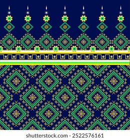 Vibrant geometric pattern with floral accents on navy background