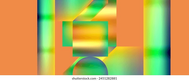 Vibrant geometric pattern with green and yellow hues on an orange backdrop creates a symmetrical design of tints and shades, resembling an electric blue and magenta color palette