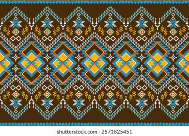 Vibrant geometric pattern inspired by traditional tribal art. The design features a bold color palette and a mix of geometric shapes and floral motifs. Perfect for fashion, home decor, or textile 