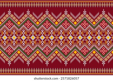 Vibrant geometric pattern inspired by traditional tribal art. The design features a bold color palette and a mix of geometric shapes and floral motifs. Perfect for fashion, home decor, or textile 