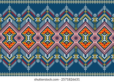 Vibrant geometric pattern inspired by traditional tribal art. The design features a bold color palette and a mix of geometric shapes and floral motifs. Perfect for fashion, home decor, or textile