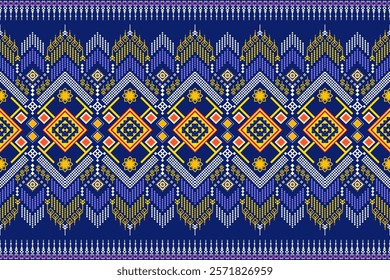 Vibrant geometric pattern inspired by traditional tribal art. The design features a bold color palette and a mix of geometric shapes and floral motifs. Perfect for fashion, home decor, or textile 