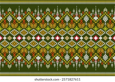 Vibrant geometric pattern inspired by traditional tribal art. The design features a bold color palette and a mix of geometric shapes and floral motifs. Perfect for fashion, home decor, or textile