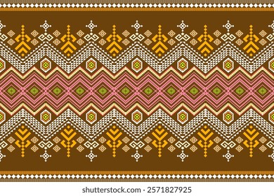 Vibrant geometric pattern inspired by traditional tribal art. The design features a bold color palette and a mix of geometric shapes and floral motifs. Perfect for fashion, home decor, or textile desi