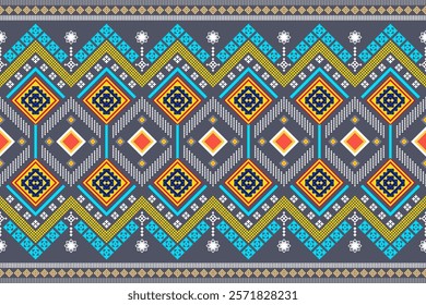 Vibrant geometric pattern inspired by traditional tribal art. The design features a bold color palette and a mix of geometric shapes and floral motifs. Perfect for fashion, home decor, or textile 