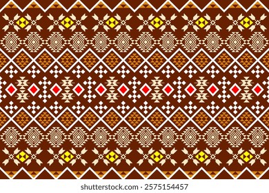 Vibrant geometric pattern inspired by traditional tribal art. The design features a bold color palette and a mix of geometric shapes and floral motifs. Perfect for fashion, home decor, or textile 