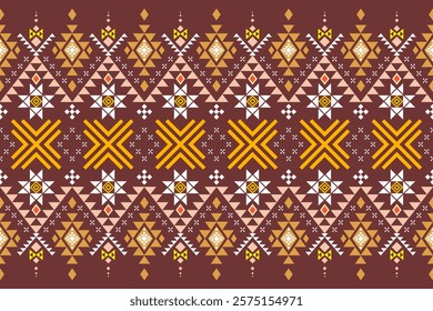 Vibrant geometric pattern inspired by traditional tribal art. The design features a bold color palette and a mix of geometric shapes and floral motifs. Perfect for fashion, home decor, 