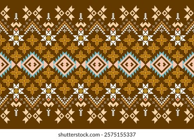 Vibrant geometric pattern inspired by traditional tribal art. The design features a bold color palette and a mix of geometric shapes and floral motifs. Perfect for fashion, home decor, 